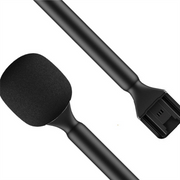 Handheld interview microphone adapter with black foam windscreen and cold-shoe mount for wireless lavalier mics