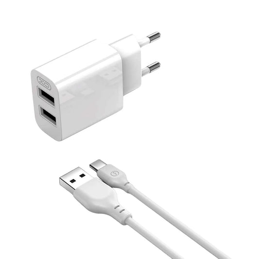 XO L109 Wall Charger | EU Plug | Dual USB-A Ports + Type-C Cable | 2.4A Fast Charging