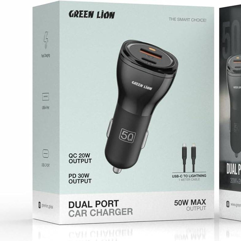 Green Lion Dual Port Car Charger 50W – Type-C & USB-A + 1m Type-C to Type-C Cable