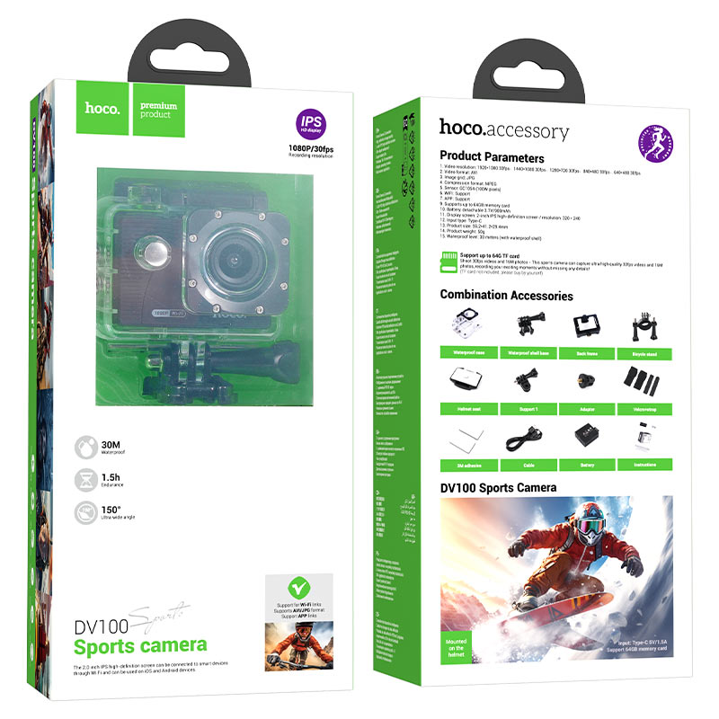 Action Camera 1080p Waterproof – HOCO DV100, 150° Wide, Kit