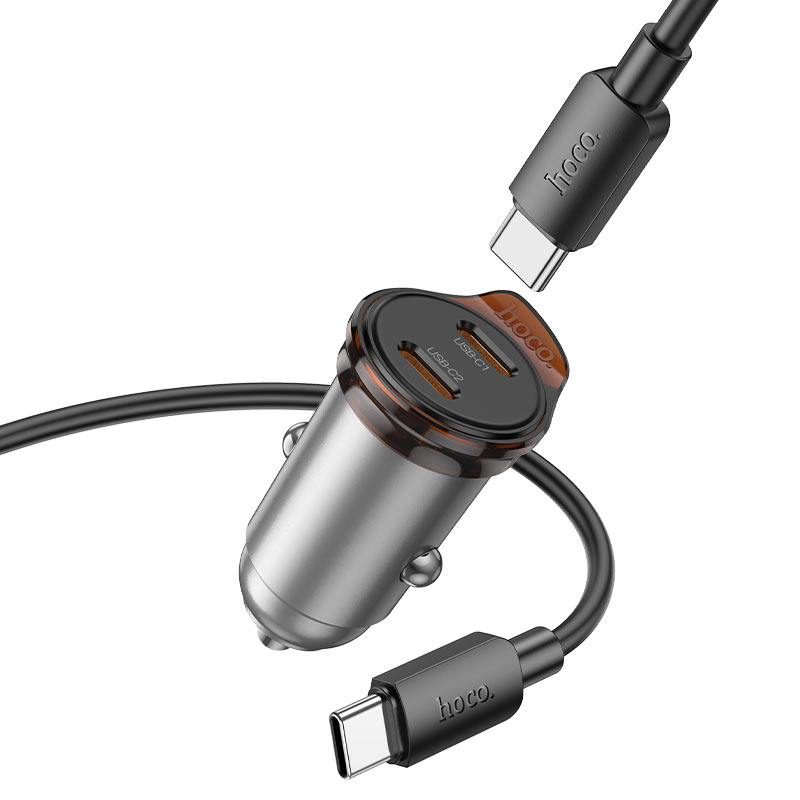HOCO NZ16B 45W Dual USB-C Car Charger with Type-C Cable – Metal Grey