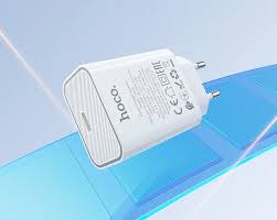 Close-up of HOCO C143A PD20W single-port charger showing compact design.
