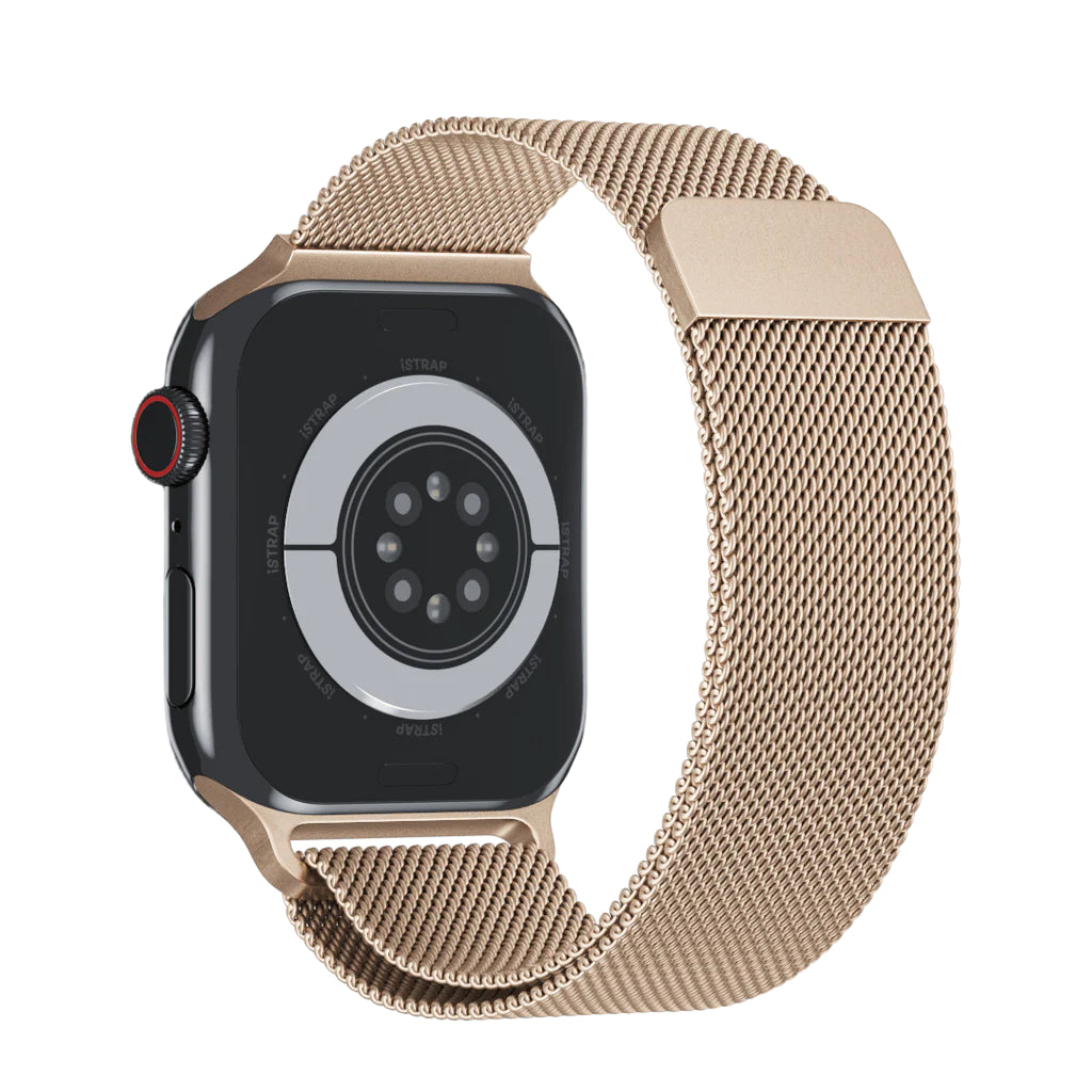 A gold stainless steel link bracelet band for an Apple Watch, showcasing the metallic links and clasp.