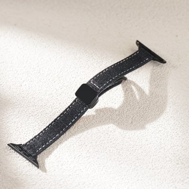 Slim leather denim Apple Watch band black texture front view