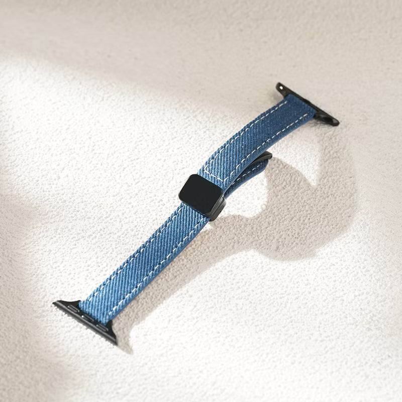 Slim denim leather band stainless steel buckle and connector detail