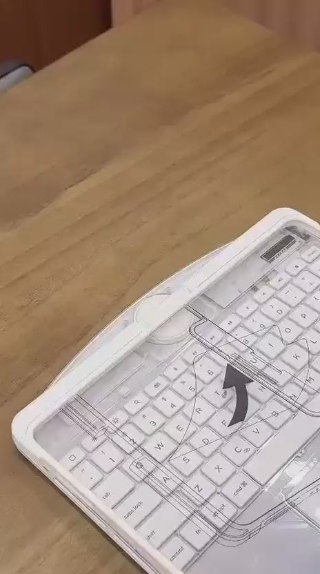 Load video: Video of backlit iPad keyboard case with trackpad, 360 degree rotating hinge and detachable case