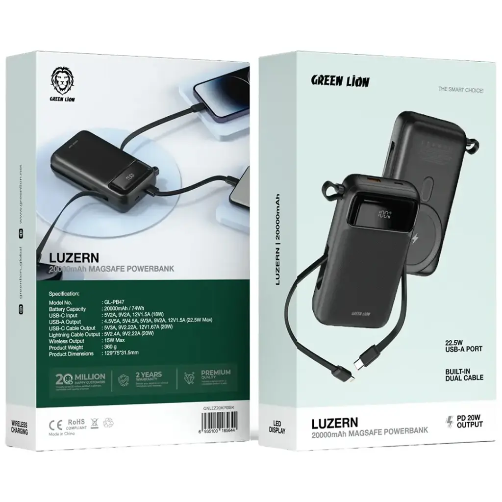 Green Lion Luzern MagSafe power bank with dual cables and LED display