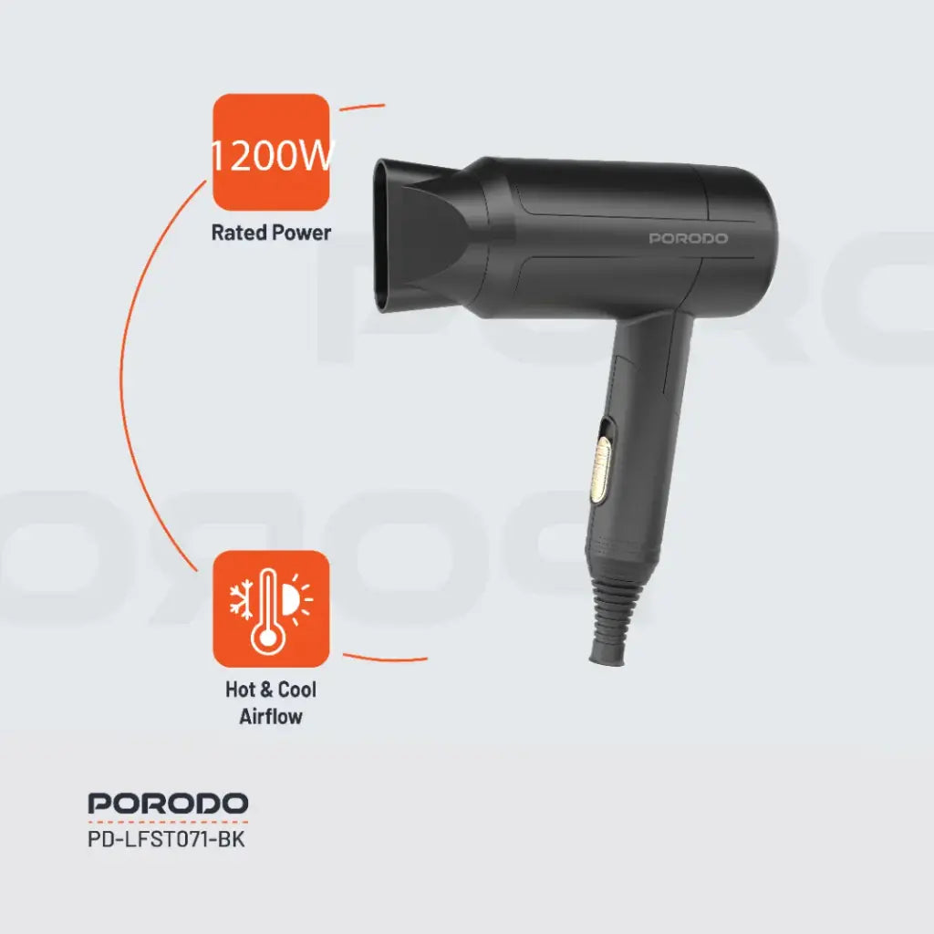 Porodo Foldable Hair Dryer – Handle Folded for Travel