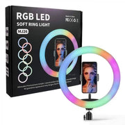 MJ26 RGB LED Soft Ring Light (26cm) with Tripod – 360° Rotating Pan-Tilt, Free Light